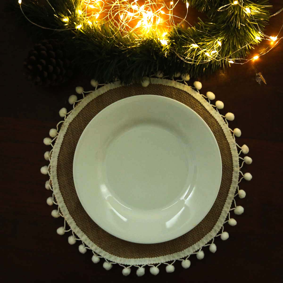 White Pom Pom Burlap Table Mat Set