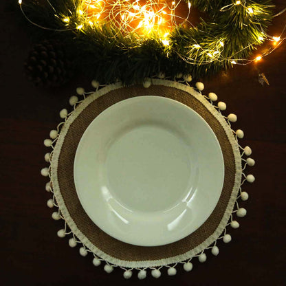 White Pom Pom Burlap Table Mat Set