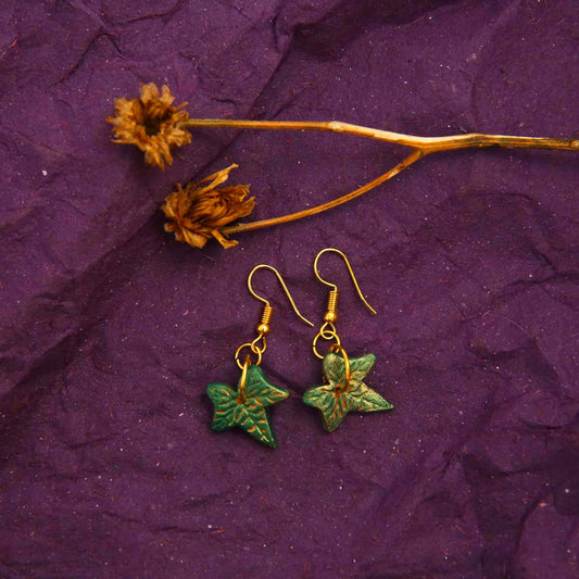 Green Shimmery Leaf Terracotta Earrings