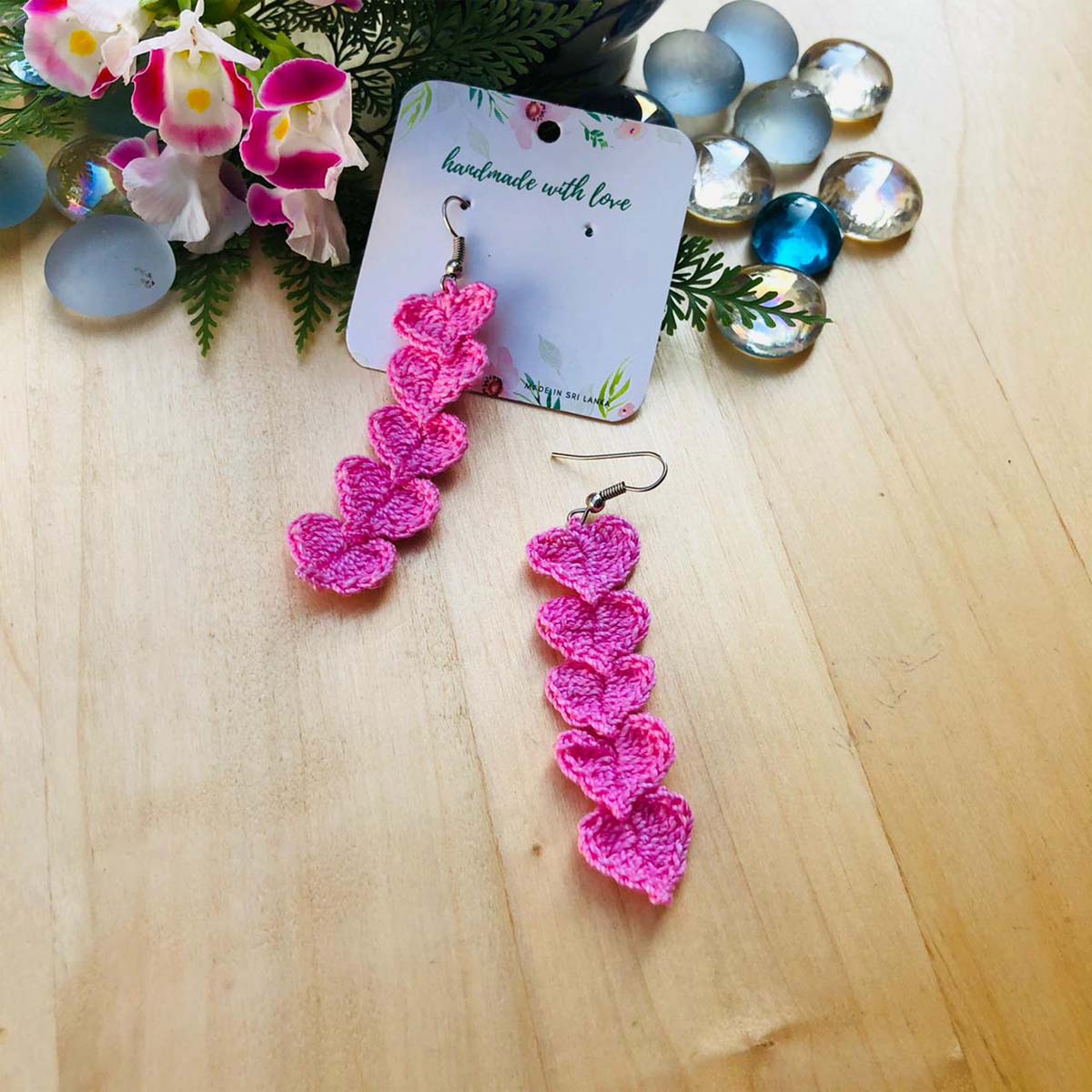 Pink Hearts Crochet Earrings