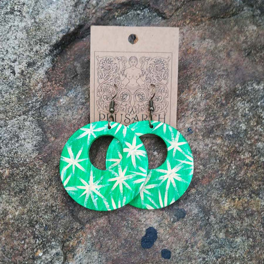 Green Stars Wooden Earrings