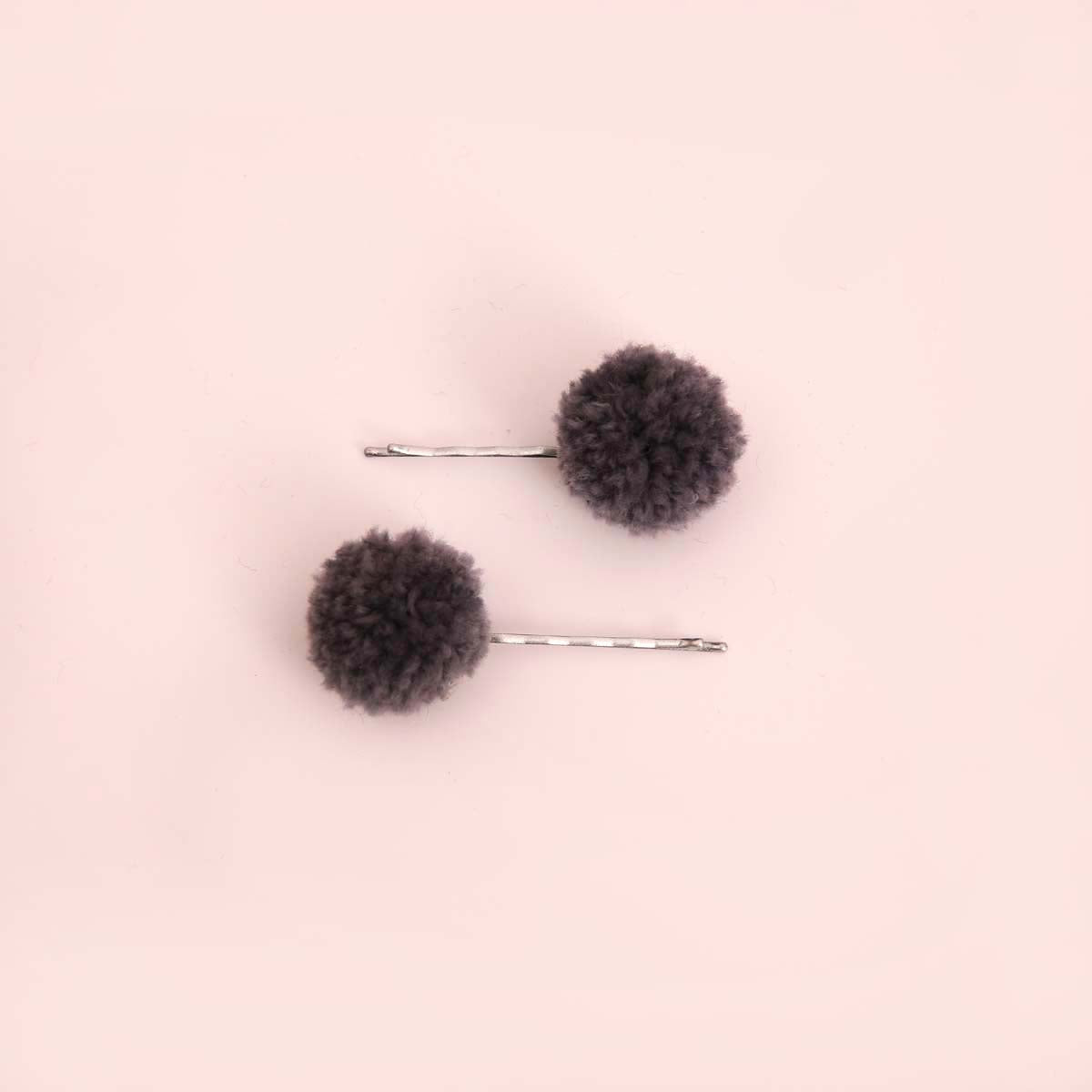 Grey Pom Pom Hair Clip Set
