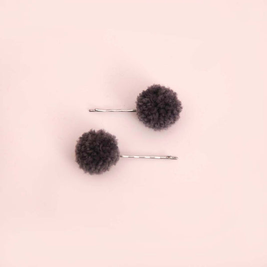 Grey Pom Pom Hair Clip Set