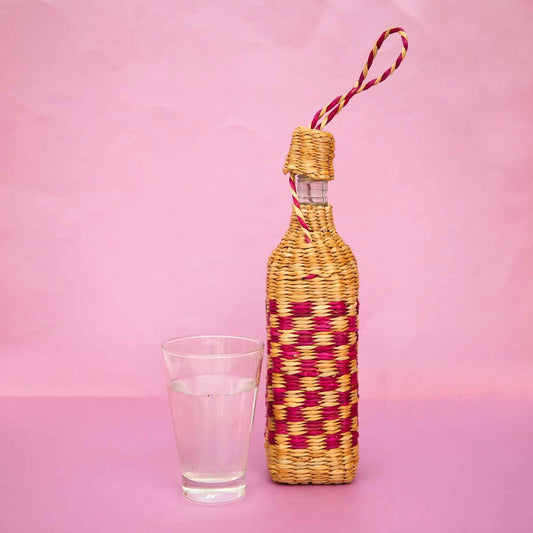 Pink Reed Bottle Holder &amp; Glass Bottle