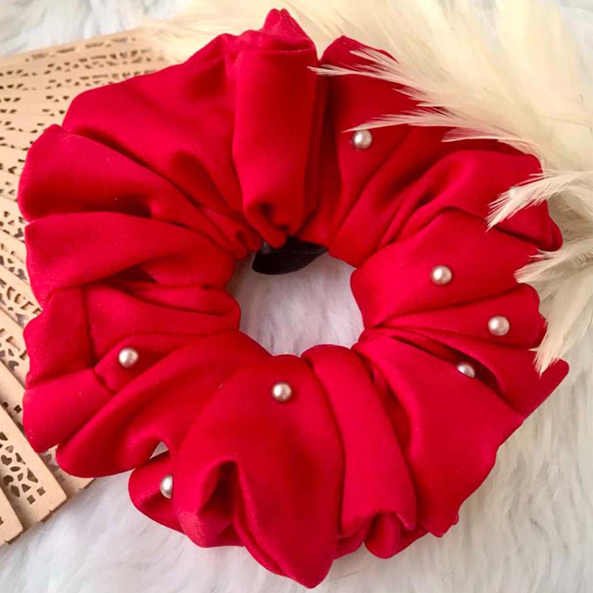 Lady Sarah Red Pearl Satin Giant Scrunchie