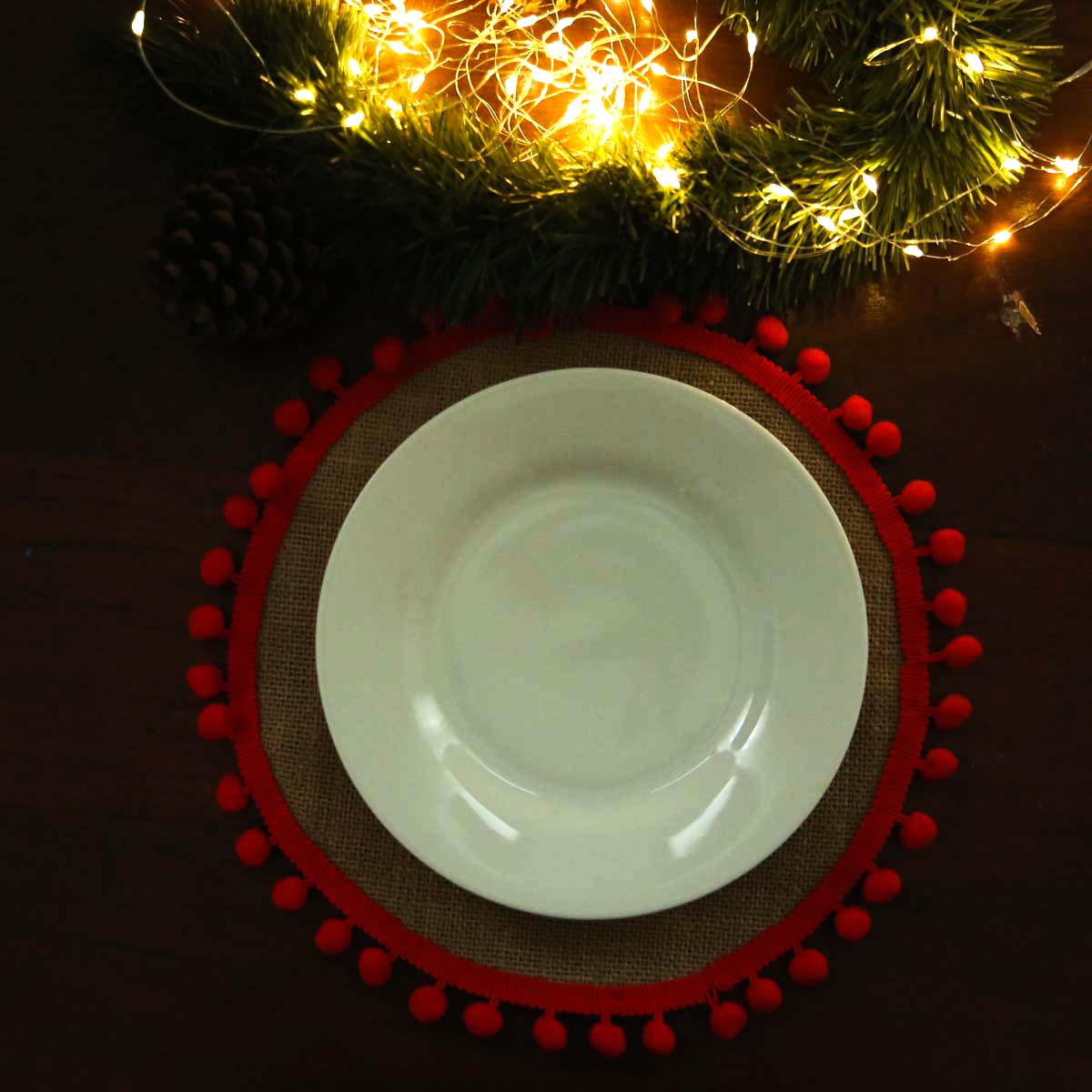 Red Pom Pom Burlap Table Mat Set