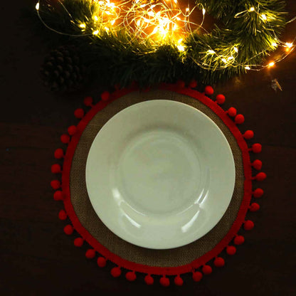 Red Pom Pom Burlap Table Mat Set