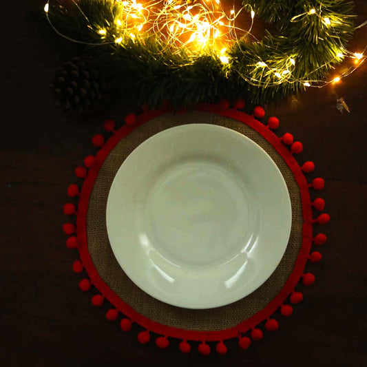 Red Pom Pom Burlap Table Mat Set