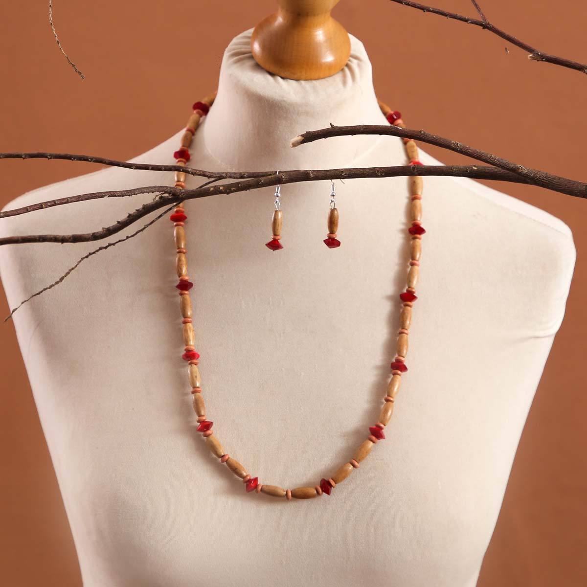 Red &amp; Tan Necklace &amp; Earring Set