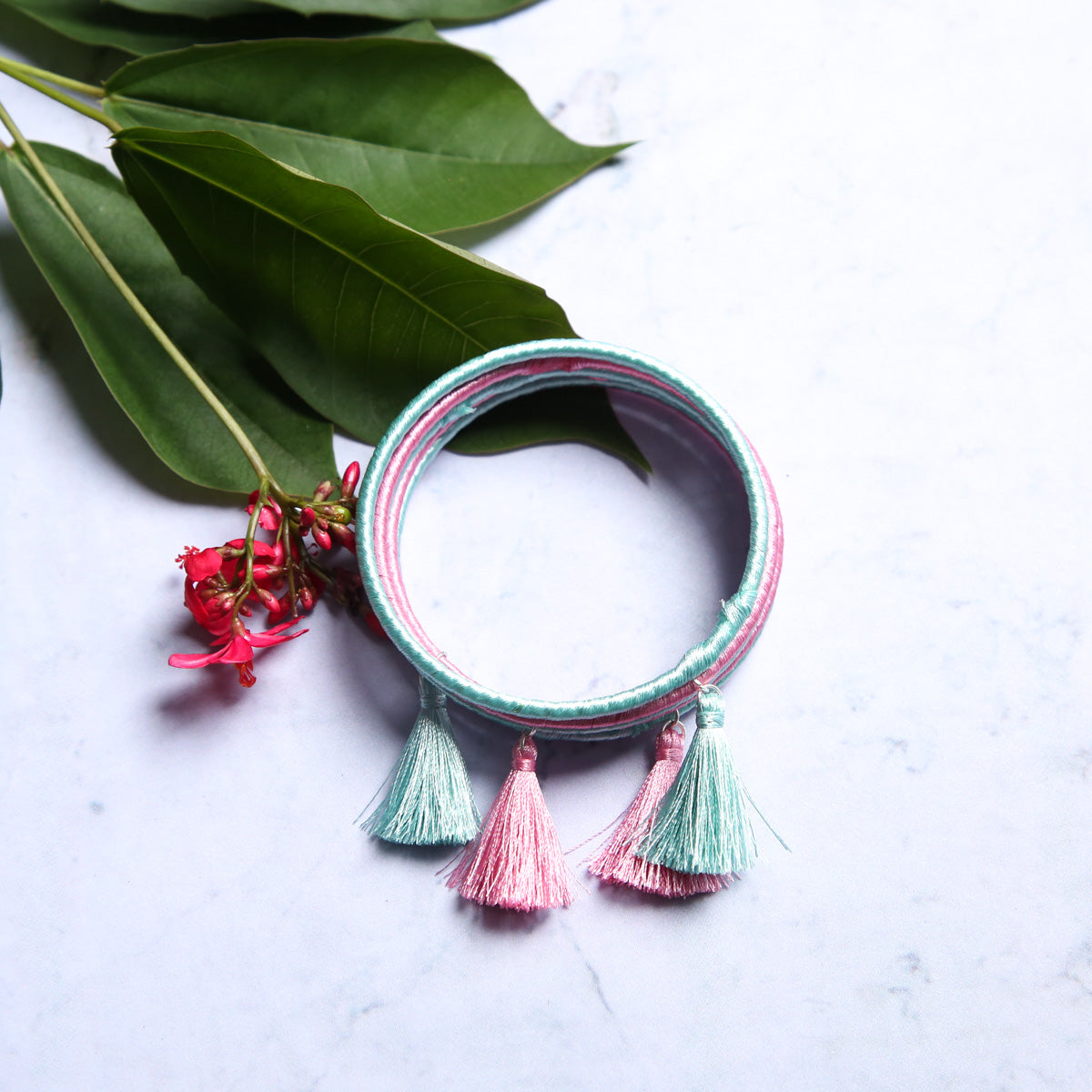 Misty Rose and Pale Aqua Tassel Bangles