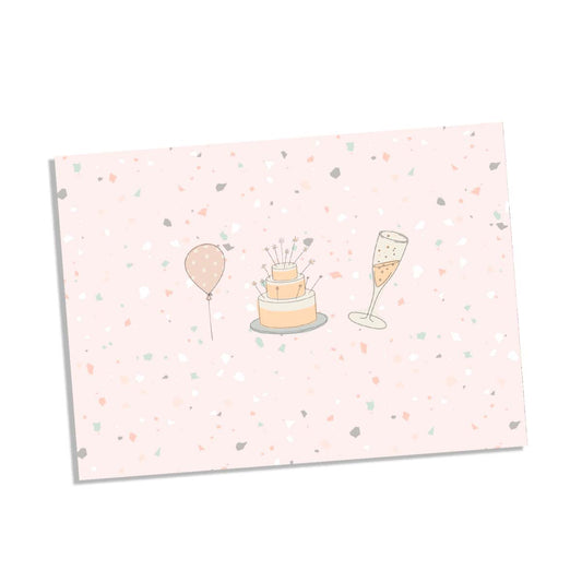 Birthday balloons cake and Champagne Birthday Card