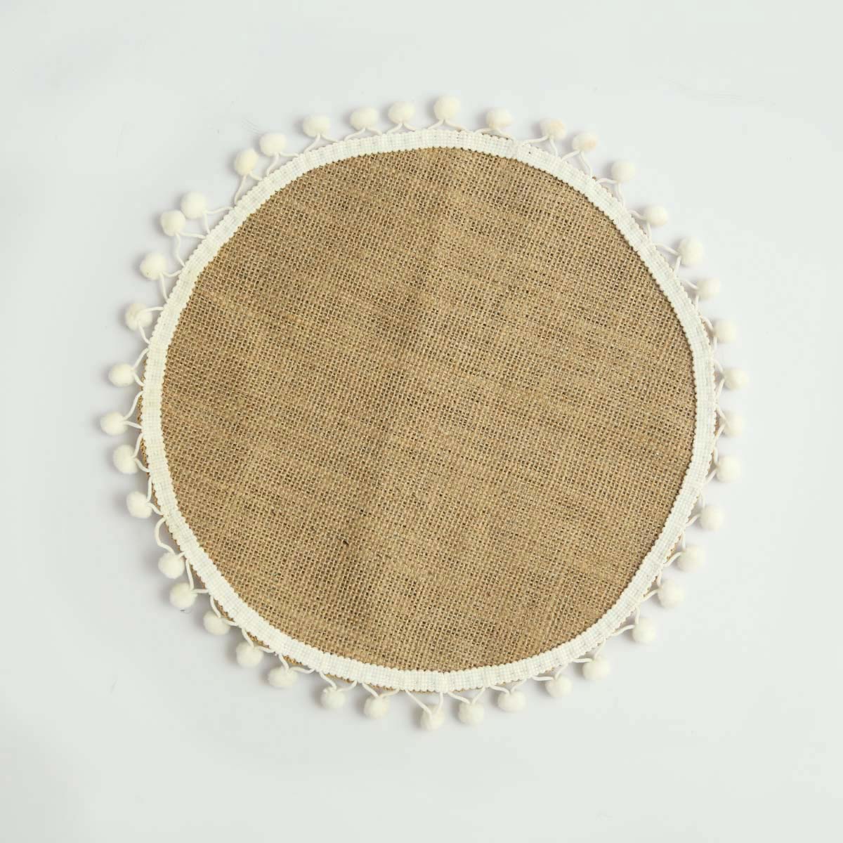 White Pom Pom Burlap Table Mat Set