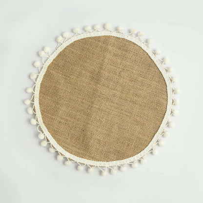 White Pom Pom Burlap Table Mat Set