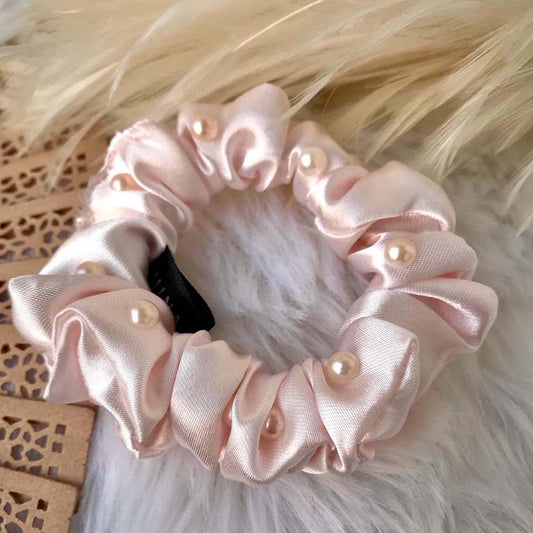 Pale Ballet Pink Pearl Satin Mini Scrunchie