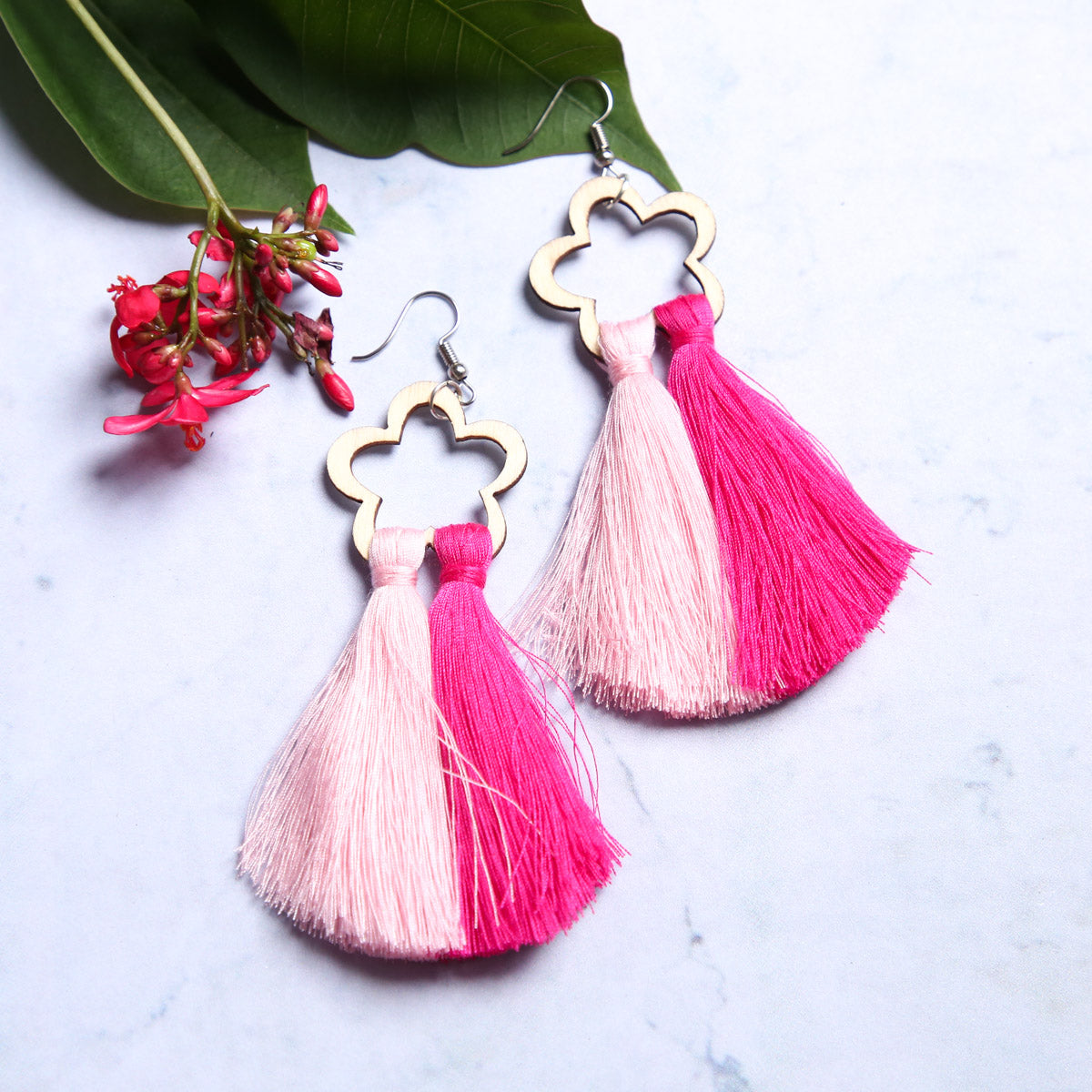 Wooden Sakura Tassel Earrings