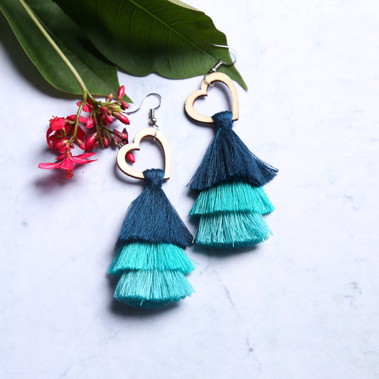 Wooden Heart Aurora Layered Tassel Earrings