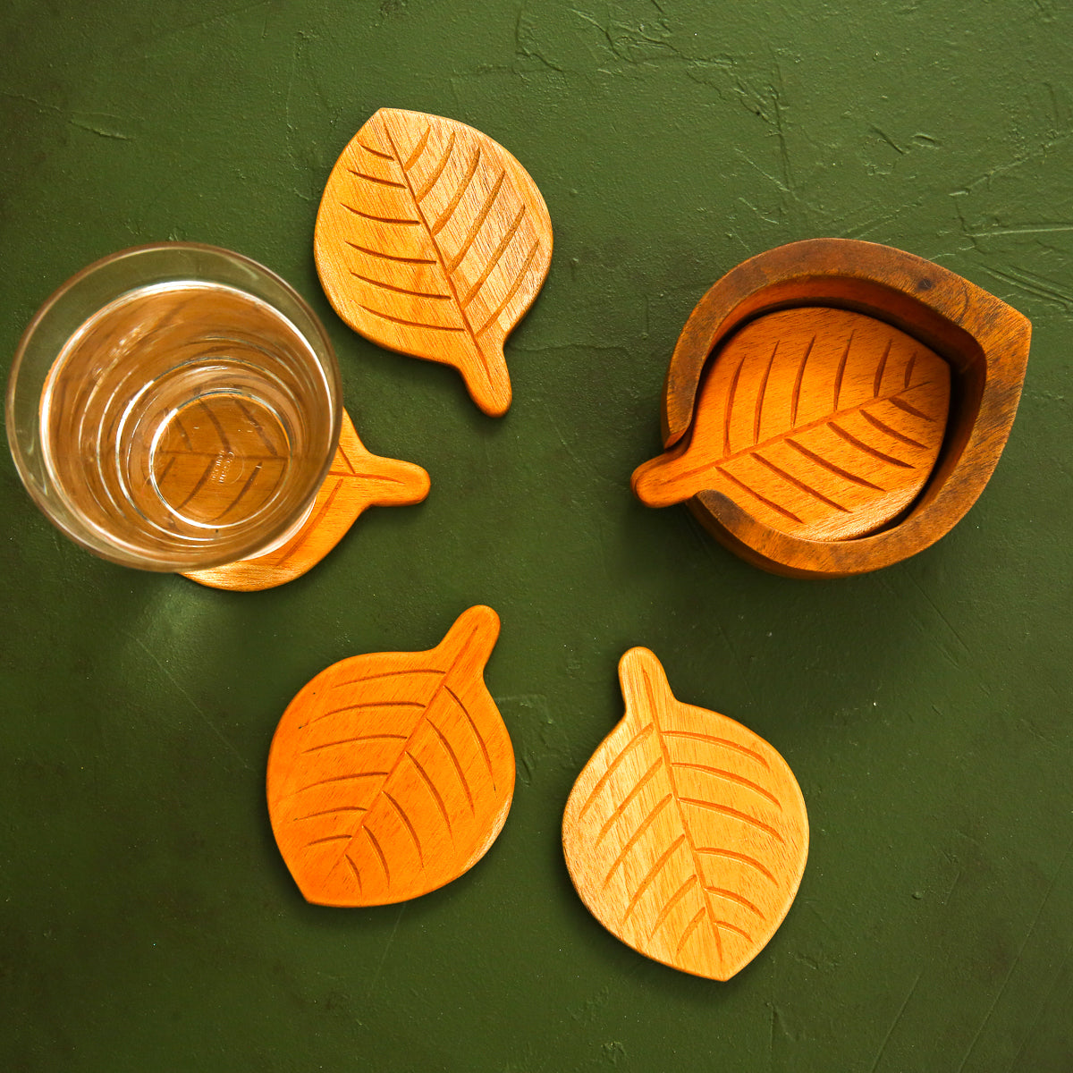 Wooden Leafy Coaster Set &amp; Holder