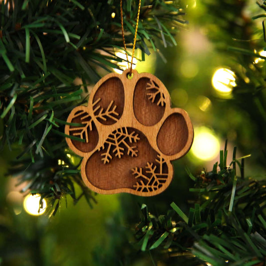 Snowy Pawprint Wooden Ornament
