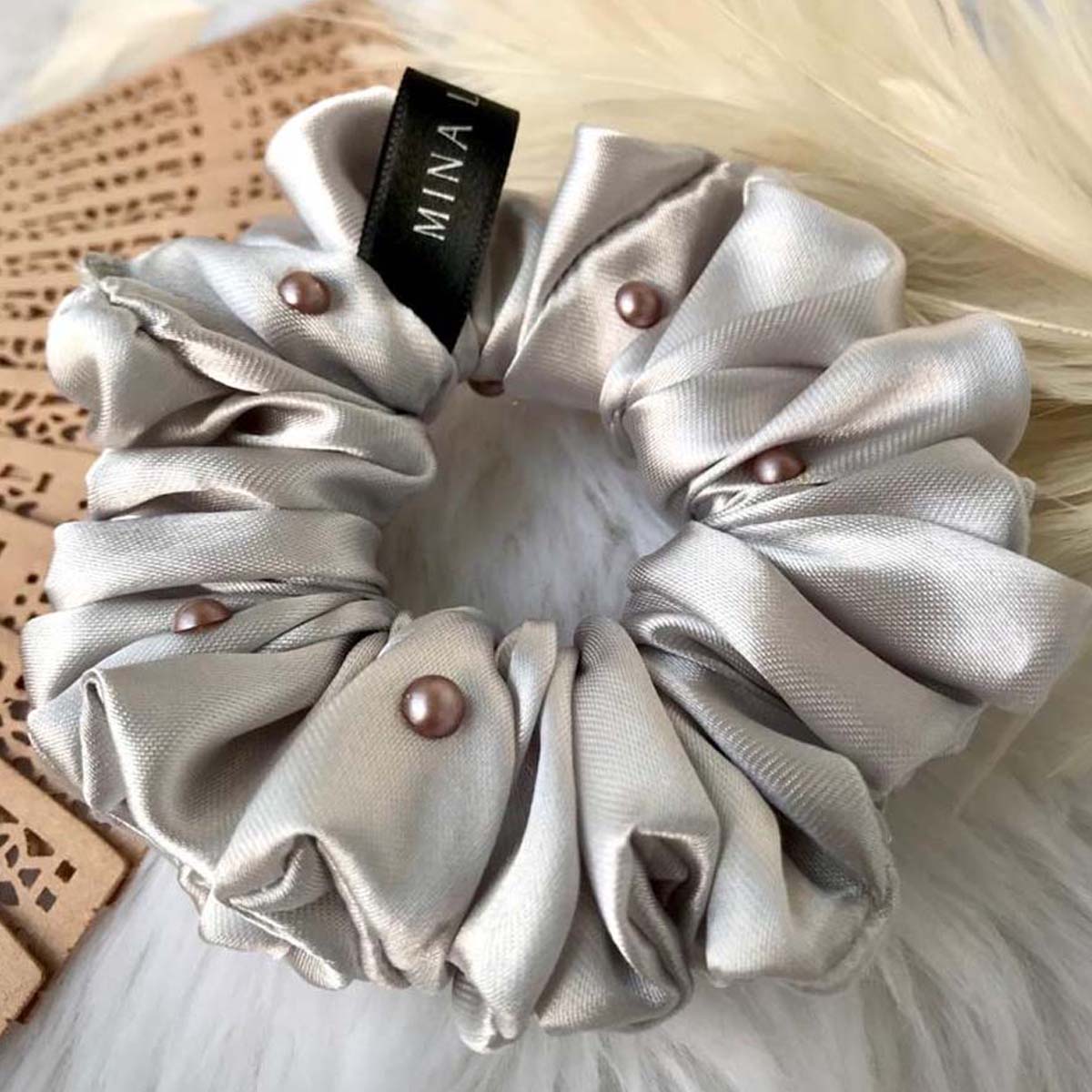 Silver Fox Satin Pearl Scrunchie