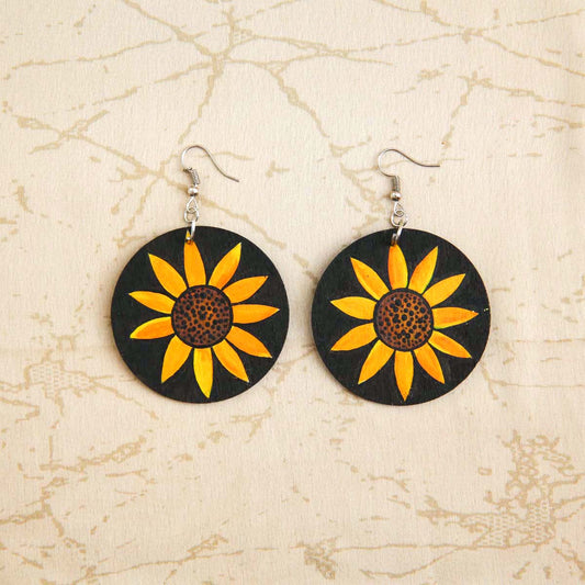 Sun Flower Wooden Earrings