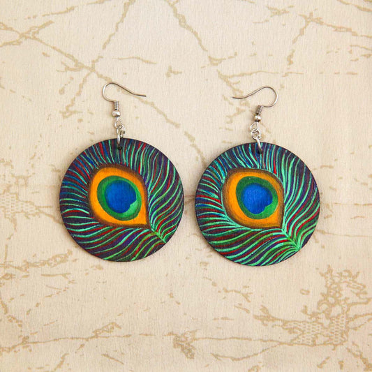 Peacock Feather Wooden Earrings