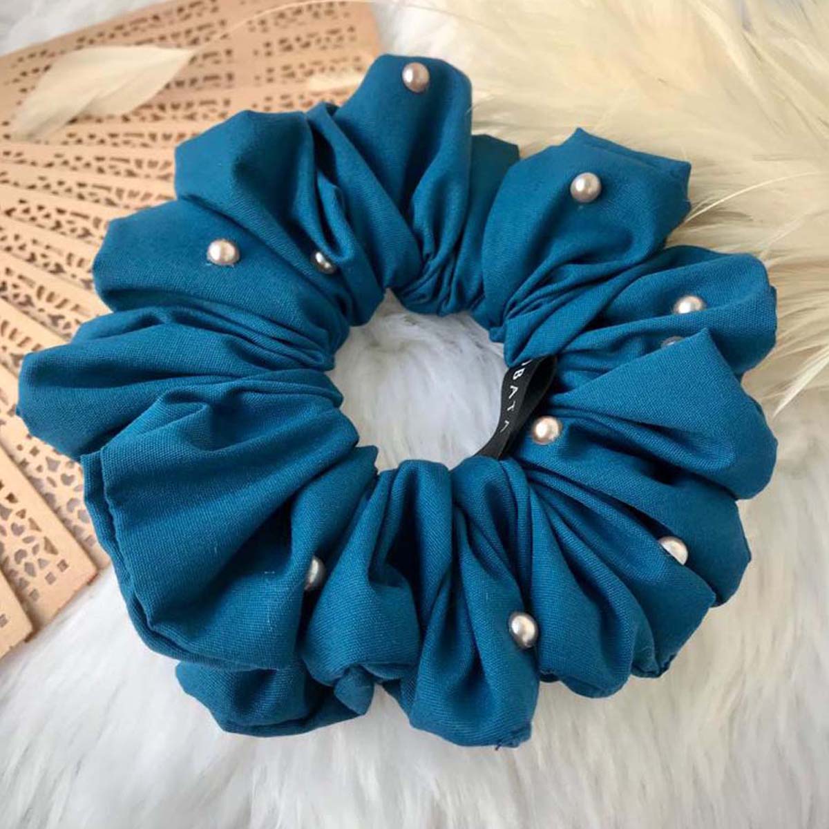 Teal Pearl Cotton Scrunchie