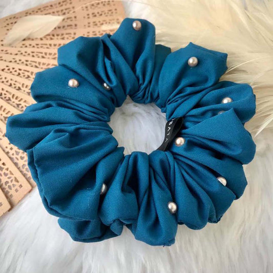Teal Pearl Cotton Scrunchie