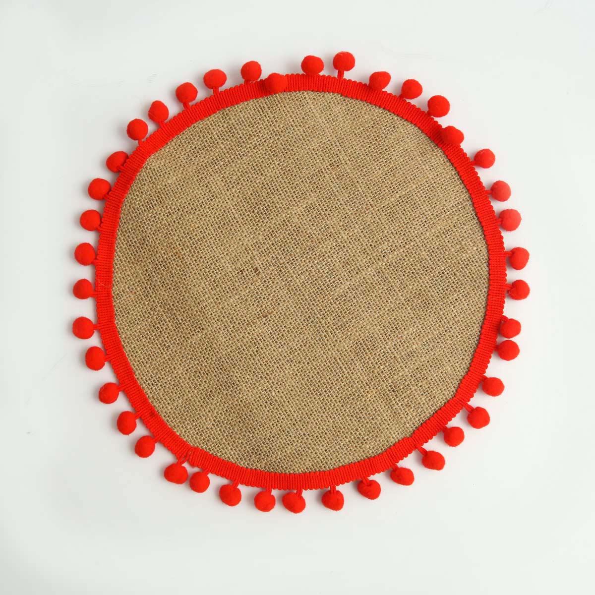 Red Pom Pom Burlap Table Mat Set