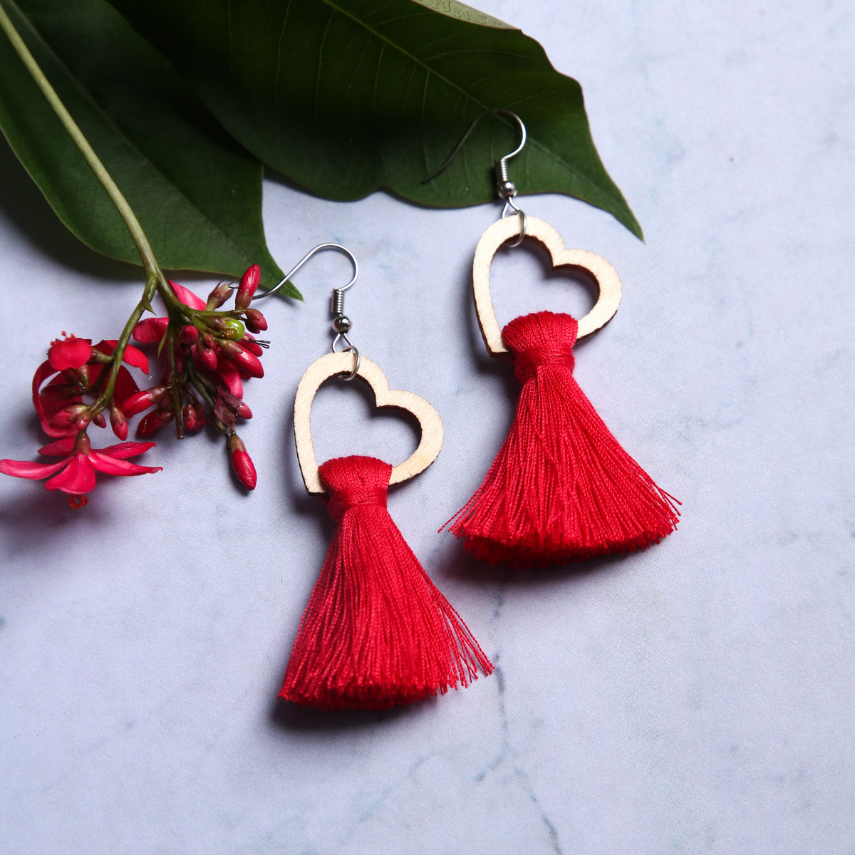 Wooden Red Heart Tassel Earrings