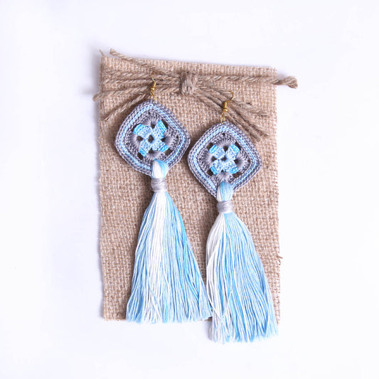 Blue Square Tasseled Earrings