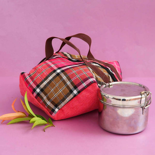 Pink Checked Handloom Lunch Bag
