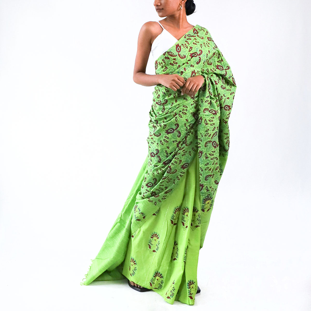 Lime Block Printed Saree