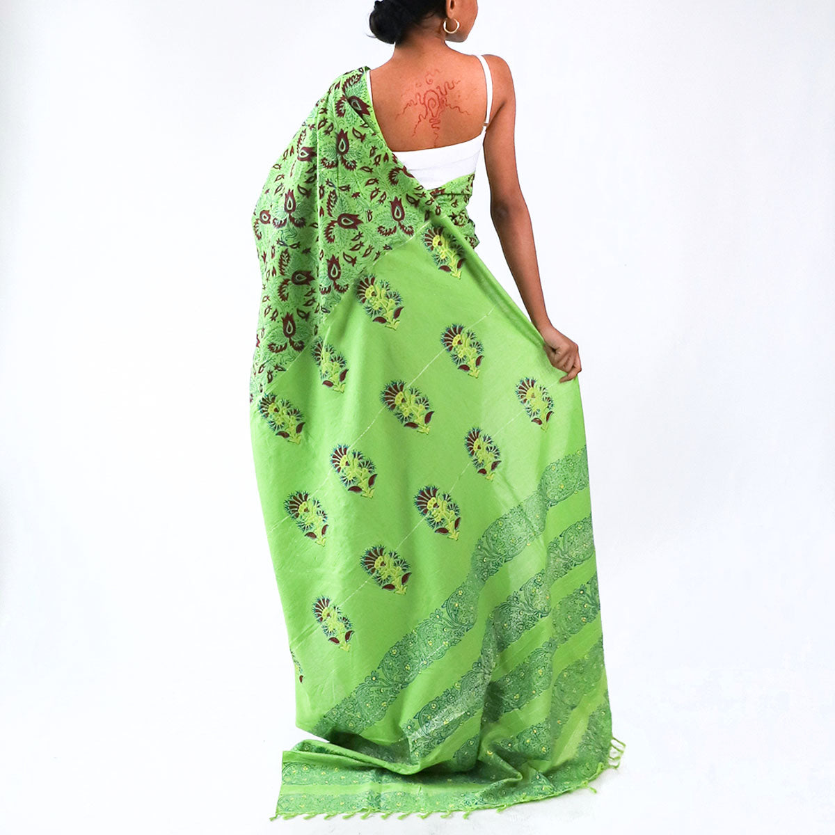 Lime Block Printed Saree