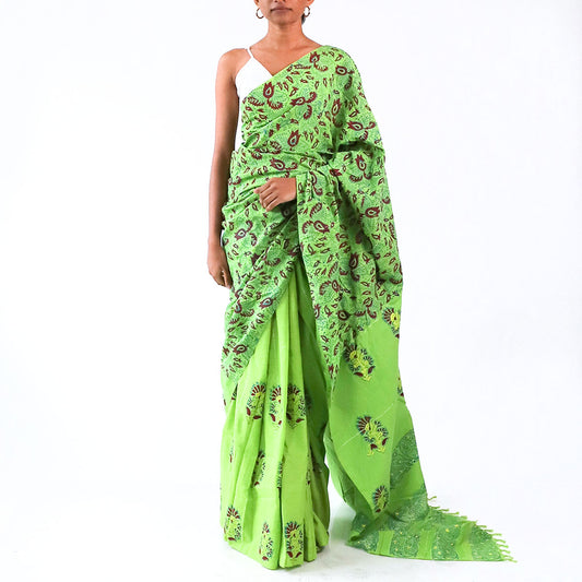 Lime Block Printed Saree