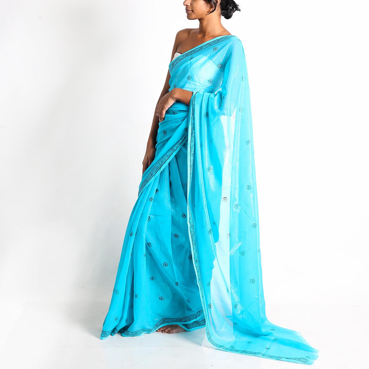 Ocean Blue Block Printed Saree