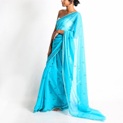 Ocean Blue Block Printed Saree