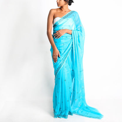 Ocean Blue Block Printed Saree