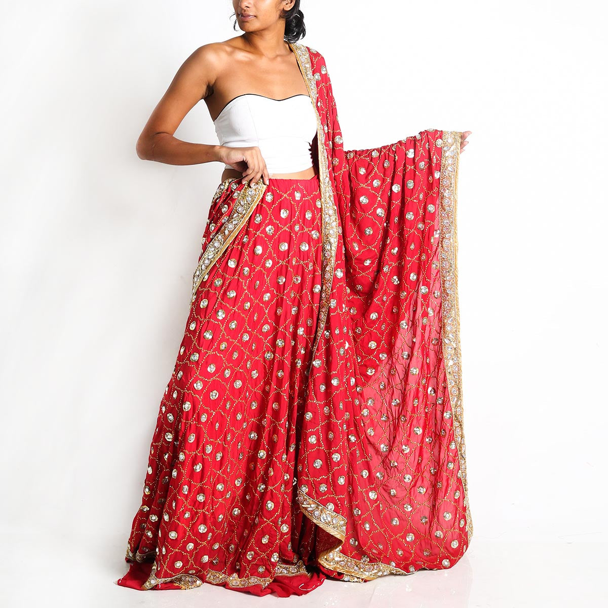 Ruby Red Saram Skirt and Dupatta