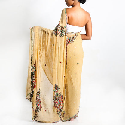 Golden Heavy Embroidery Silk Saree