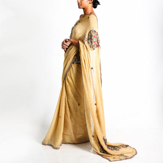 Golden Heavy Embroidery Silk Saree