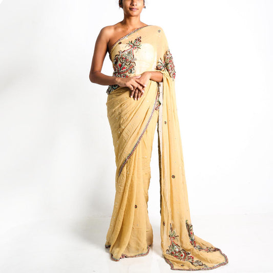 Golden Heavy Embroidery Silk Saree