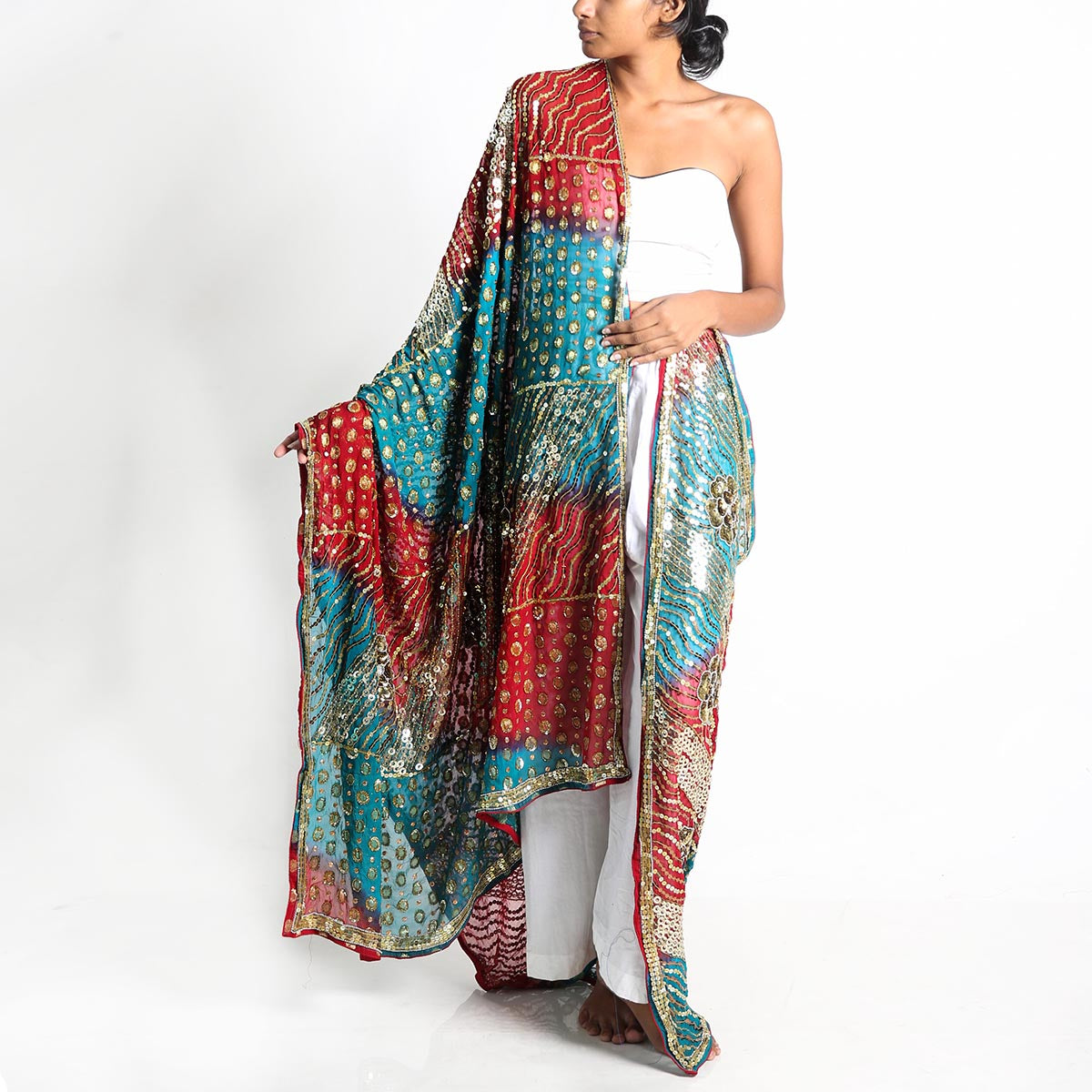 Turq and Red Lehnga Dupatta