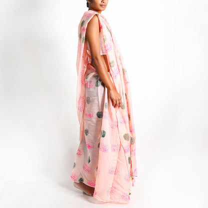 Pastel Pink Block Printed Saree