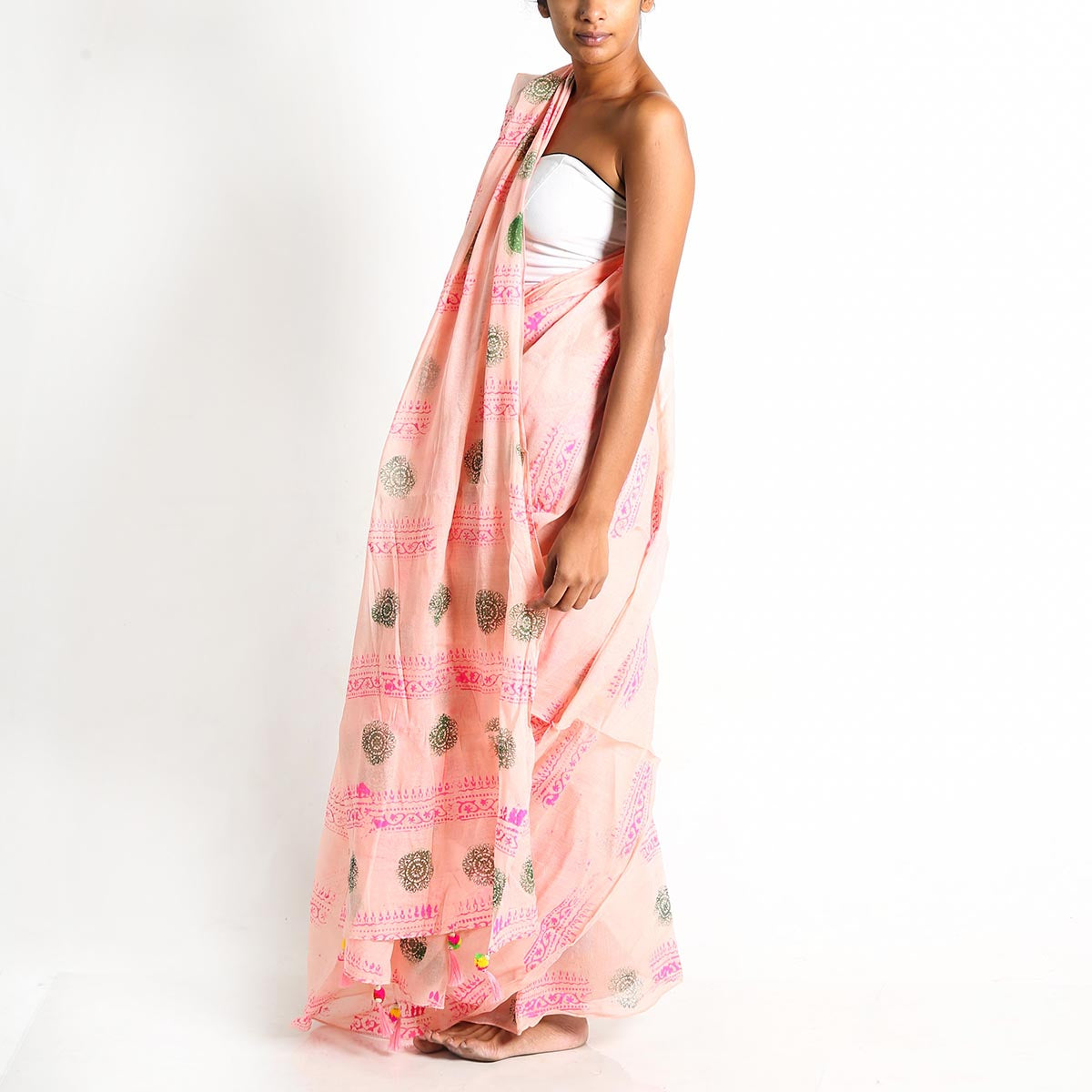 Pastel Pink Block Printed Saree