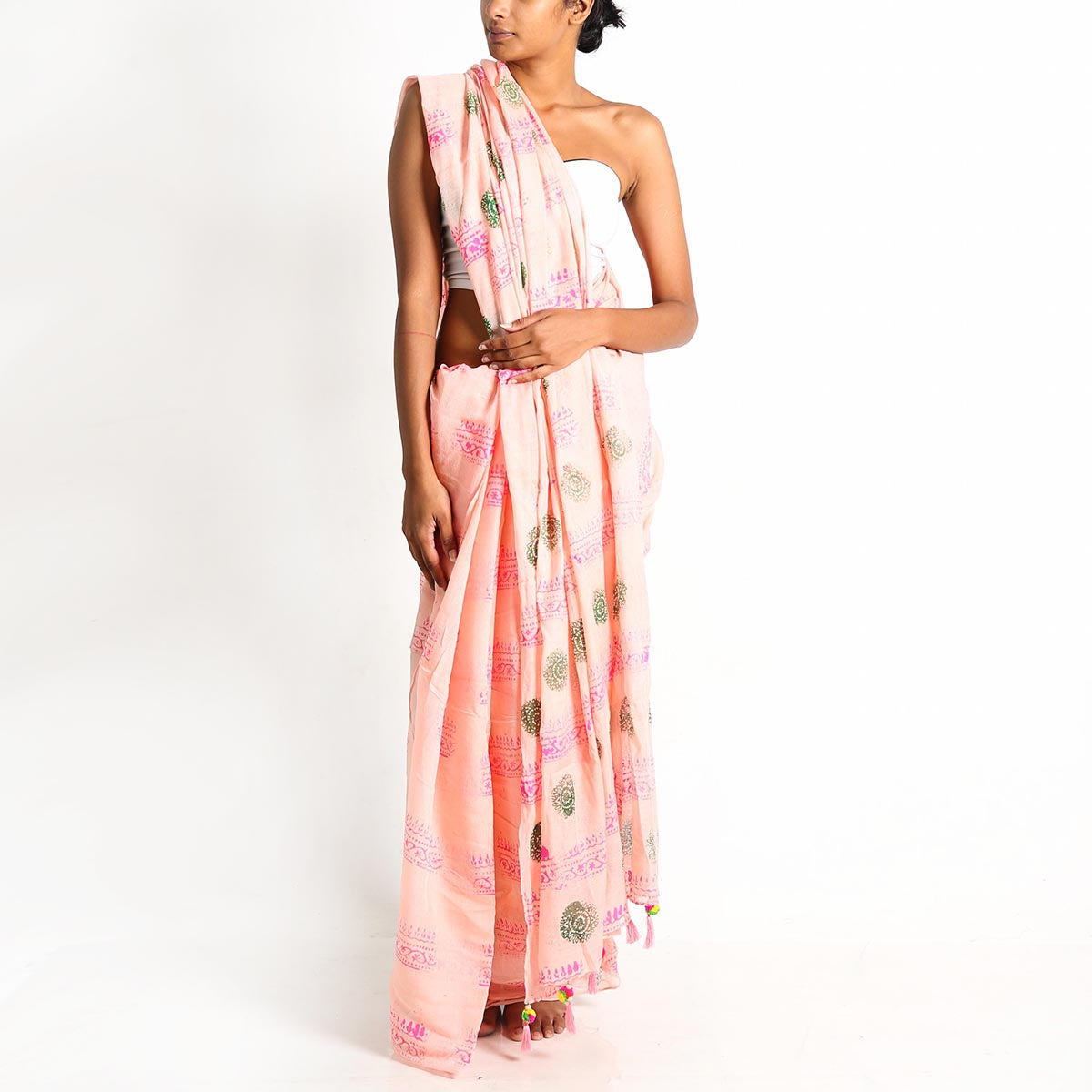 Pastel Pink Block Printed Saree