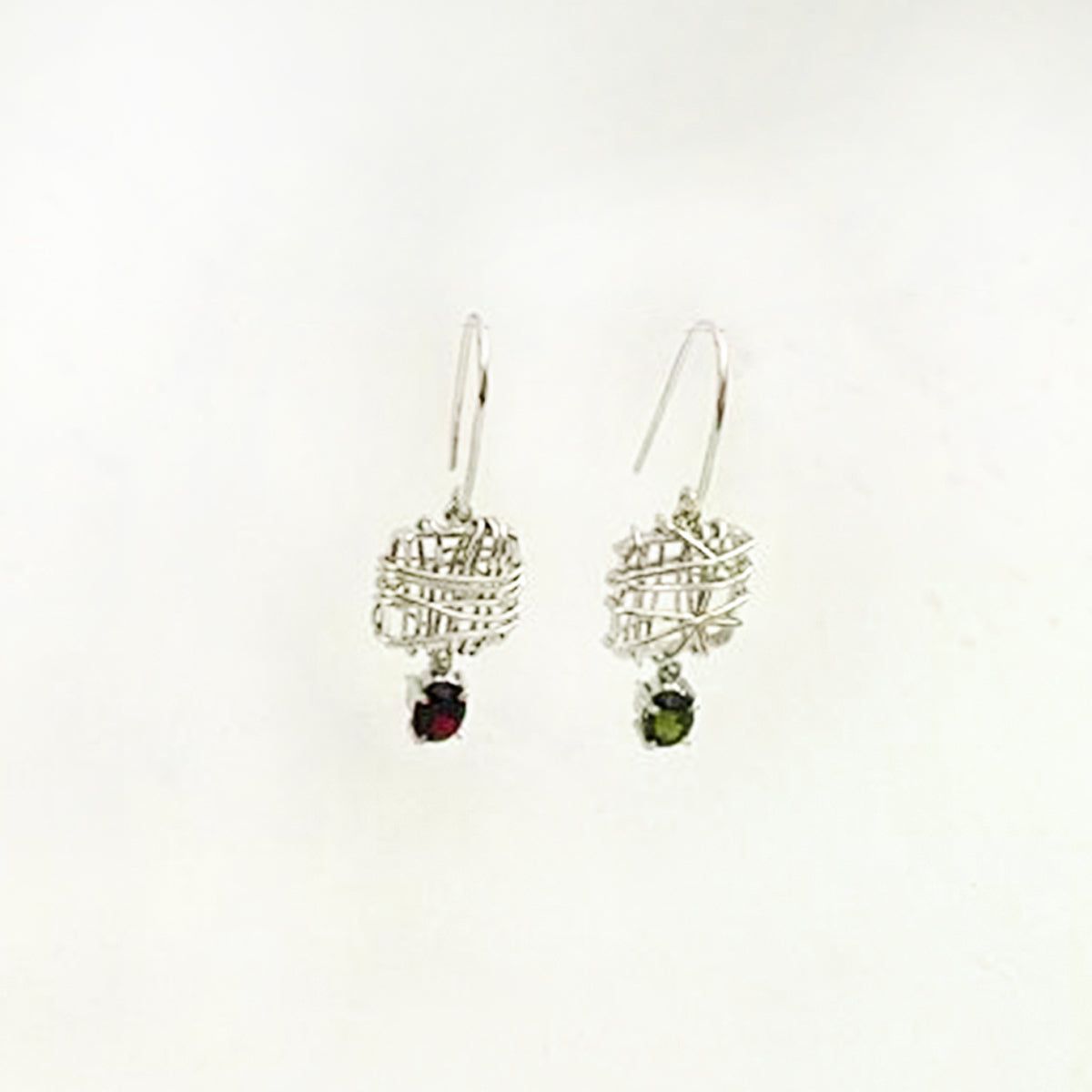 Handmade Sterling Silver earrings with Natural Green Tourmaline &amp; Garnet