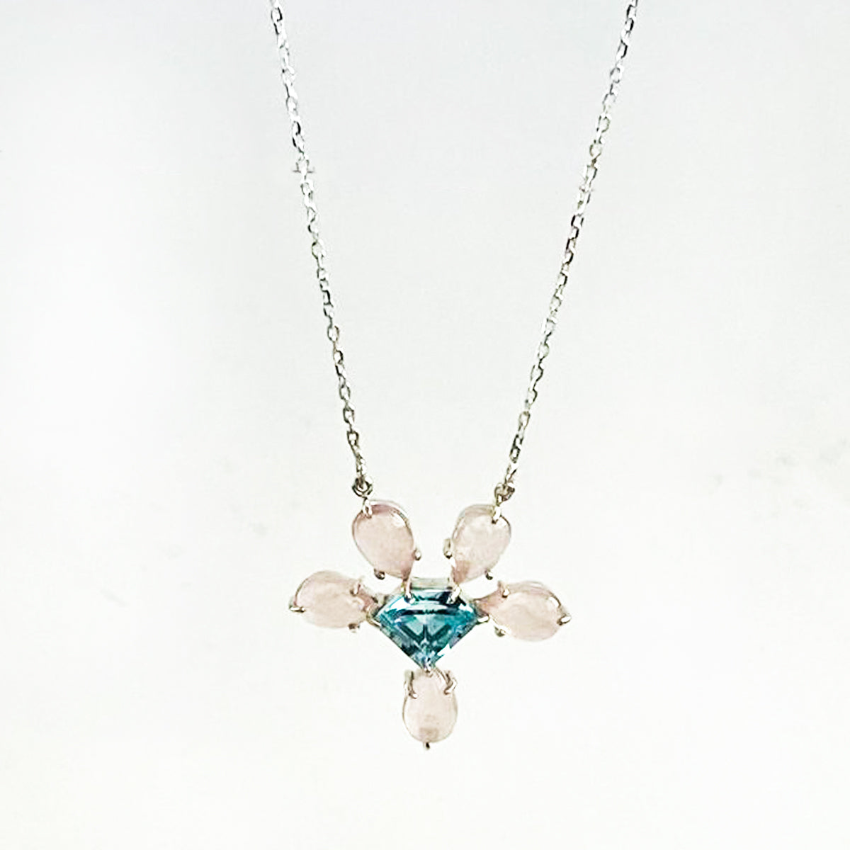 Handmade Sterling Silver pendent with Natural Rose Quartz &amp; Blue Topaz
