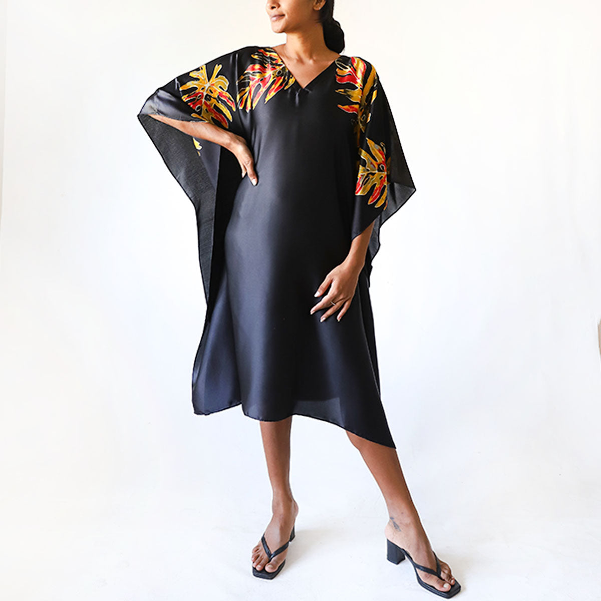 Yellow Monstera Night Batik Kaftan
