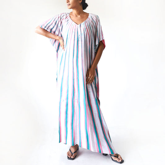 Pink & Turquoise Stripe Batik Kaftan