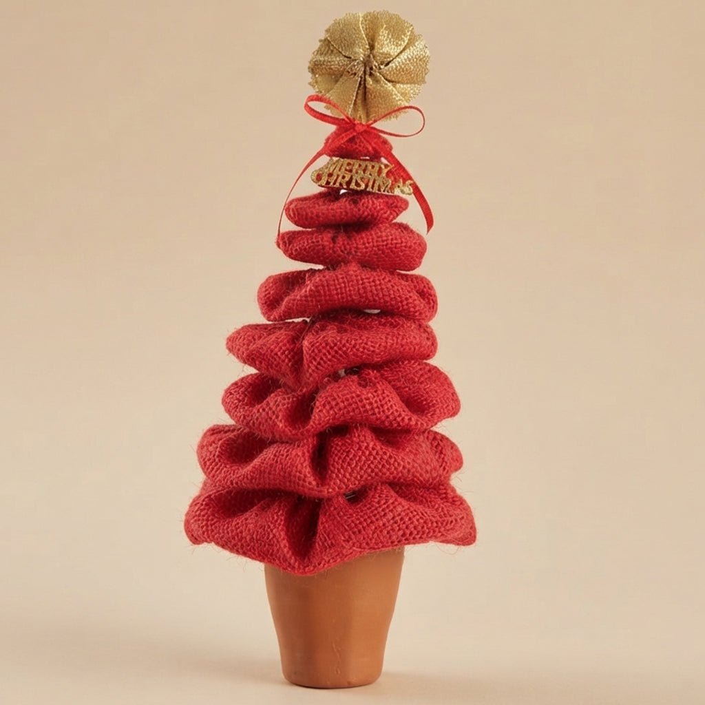 Boho Red Burlap Mini Christmas Tree